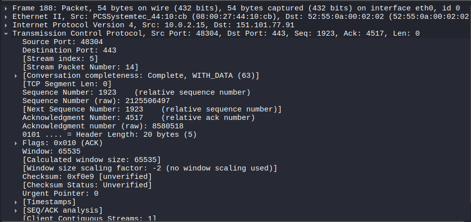 Wireshark hiển thị phần TCP