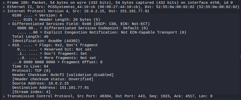 Wireshark hiển thị phần IPv4
