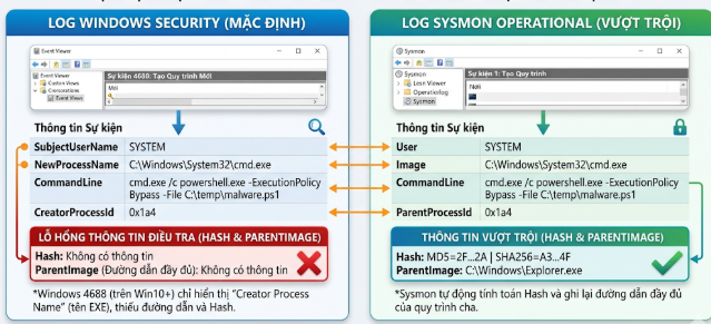 So sánh Event ID 4688 và Event ID 1 của Sysmon